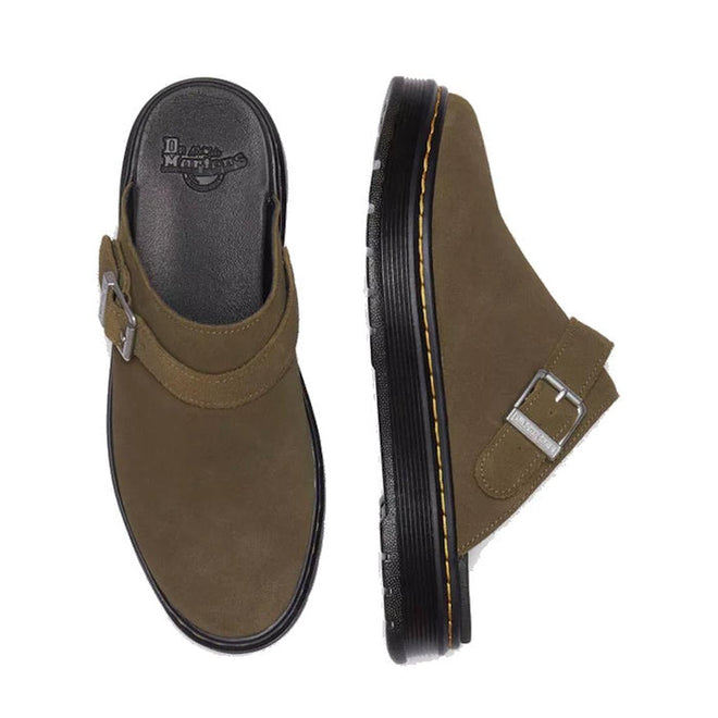 Left foot top down view and right foot side view on a Brookline Mule Sandal by Dr Martens in Olive with a balck sole and a strap over the top of the foot that can be moved to the heel.,
190665705867,
190665705874,
190665705881,
190665705904,
190665705911,
190665705928,
190665705942,