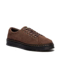 Dr Martens Brookline Shoe in Bronx Dark Brown suede sneaker with black sole showing the front ans the outer side of the foot and  6 eye lace up on a white background.,