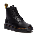Right  foot dr martens brookline 6 eye Black leather boot with yellow stitching and a flat sole on a white background
