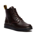 Side and front view of right foot Brown leather boot with a black flat sole on a white background,
