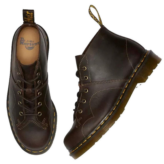 Left foot top down and right foot sizde view shwing stitch circular detailing on the side of the boot. Dr Martens 5 eye Chrch Monkey boot in crazy horse brown.,
190665703580,
190665703597,
190665703610,
190665703627,
190665703634,
190665703658,, 44507, 190665703580, 190665703597, 190665703610, 190665703627, 190665703634, 190665703658, 44514, 44515