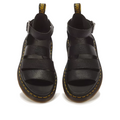 Dr Martens Clarissa II Quad Platform Sandal in black Milled Nappa leather, featuring buckled ankle straps and yellow welt stitching.