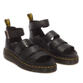 Dr Martens Clarissa II Quad Platform Sandal Black featuring black milled Nappa leather, a platform sole, three front straps, an ankle strap with a buckle, and yellow stitching along the sole.