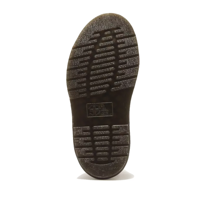 Bottom view of the dark, thick, treaded platform sole of a Dr Martens Clarissa II Quad Platform Sandal Black.