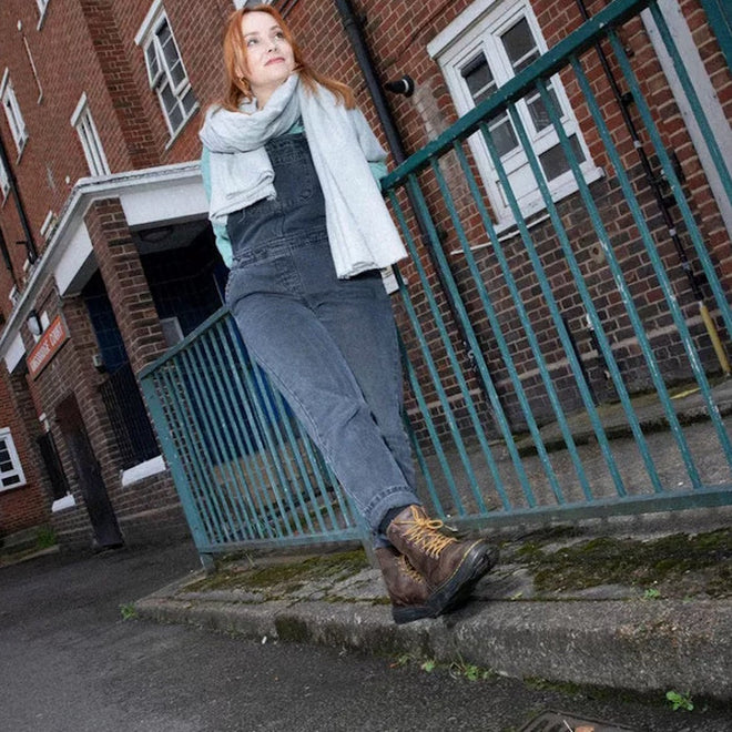 A womens wakjing along a street wearing blue dungrees a scaf and long sleeved t-shirt and Dr Martens Crewson vintage looking crazy horse brown boots.,
190665608861,
190665608878,
190665608885,
190665608908,
190665608915,
190665608922,
190665608946,