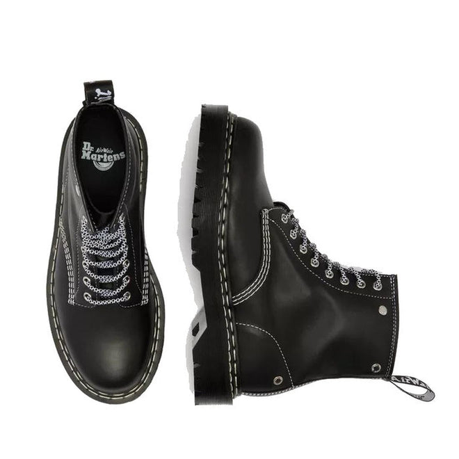 Top and side view of Dr Martens Bex 1460 WDS White Stitching Black Boot Sendal in Smooth leather with white stitching, white eyelets, thick Bex soles, branded pull tabs, and white laces in one boot., 50363, 50364, 190665803068, 190665803075, 190665803099, 50369, 50370
