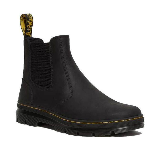 Image of right foot, side on of Dr Martens - Embury Casual Chelsea Boot Black Wyoming Leather Pull On-Foot Forward Shoes