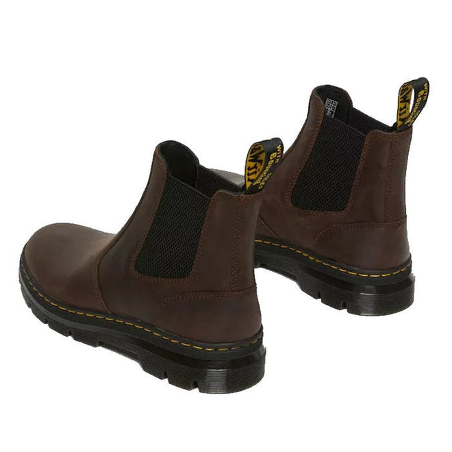 rear heel view of bothe feet of a Dr Martens Embury pull on chelase boot in carzy horse brown. Showing the black elastic gussets on the inner and outer of the feet, and yellow stitching around the sole.,
190665358643,
190665358650,
190665358674,
190665358681,
190665358698,
190665358711,