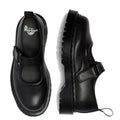 A pair of Dr Martens Bex Indica II Mary Jane Tech Nappa Mono Black shoes, shown from above and the side, with a thick grooved sole and an adjustable single buckle strap., 190665804744, 190665804751, 190665804768, 190665804782, 190665804799, 190665804805, 50377