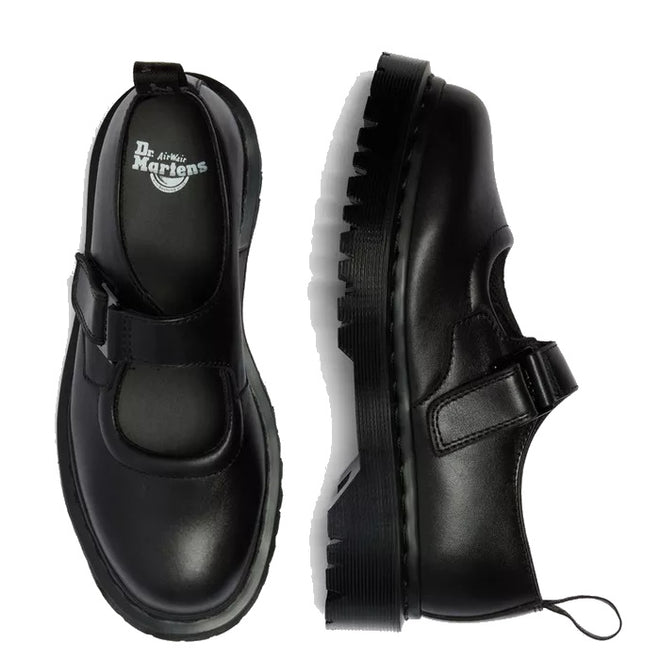 A pair of Dr Martens Bex Indica II Mary Jane Tech Nappa Mono Black shoes, shown from above and the side, with a thick grooved sole and an adjustable single buckle strap., 190665804744, 190665804751, 190665804768, 190665804782, 190665804799, 190665804805, 50377