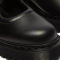 Close-up of the Dr Martens Bex Indica II Mary Jane Tech Nappa Mono Black shoe, showing the front and side with thick ridged sole and detailed stitching., 190665804744, 190665804751, 190665804768, 190665804782, 190665804799, 190665804805, 50377