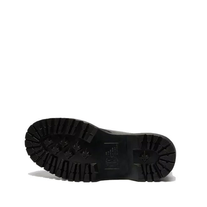The image displays the sole of the Dr Martens Bex Indica II Mary Jane Tech Nappa Mono Black, featuring a rugged, deeply treaded design for great traction. The boot lies sideways on a white background, showcasing its durable construction., 190665804744, 190665804751, 190665804768, 190665804782, 190665804799, 190665804805, 50377