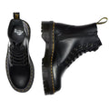 A pair of Dr Martens - Jadon Polished Smooth Boot 8 up in black leather with yellow stitching: one boot shows the branded insole from above, and the other highlights its platform sole and side zipper., 883985578883, 883985578890, 883985578906, 883985578913, 883985578920, 883985578937, 883985578944, 883985578951, 883985578975, 883985578968