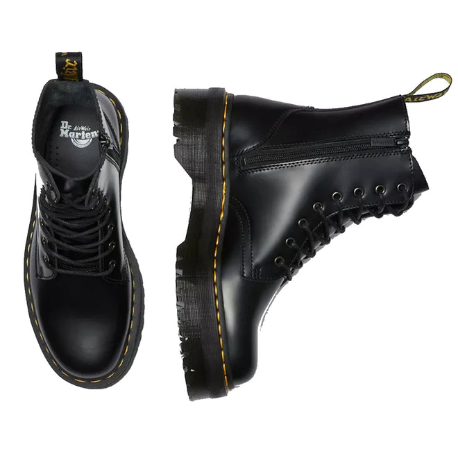 A pair of Dr Martens - Jadon Polished Smooth Boot 8 up in black leather with yellow stitching: one boot shows the branded insole from above, and the other highlights its platform sole and side zipper., 883985578883, 883985578890, 883985578906, 883985578913, 883985578920, 883985578937, 883985578944, 883985578951, 883985578975, 883985578968