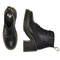The Dr Martens Jesy Sendal 6 Tie Flared Heel Boots in black full-grain leather feature chunky heels, yellow stitching, and lace-up fronts, shown from top and side views on a white background., 190665511796, 190665511802, 190665511819, 190665511833, 190665511840, 190665511857