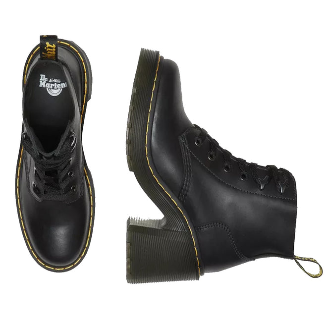 The Dr Martens Jesy Sendal 6 Tie Flared Heel Boots in black full-grain leather feature chunky heels, yellow stitching, and lace-up fronts, shown from top and side views on a white background., 190665511796, 190665511802, 190665511819, 190665511833, 190665511840, 190665511857