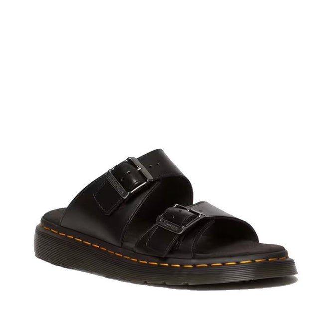 Image of the right foot side on of Dr Martens Josef Slide Sandal Analine Black Leather