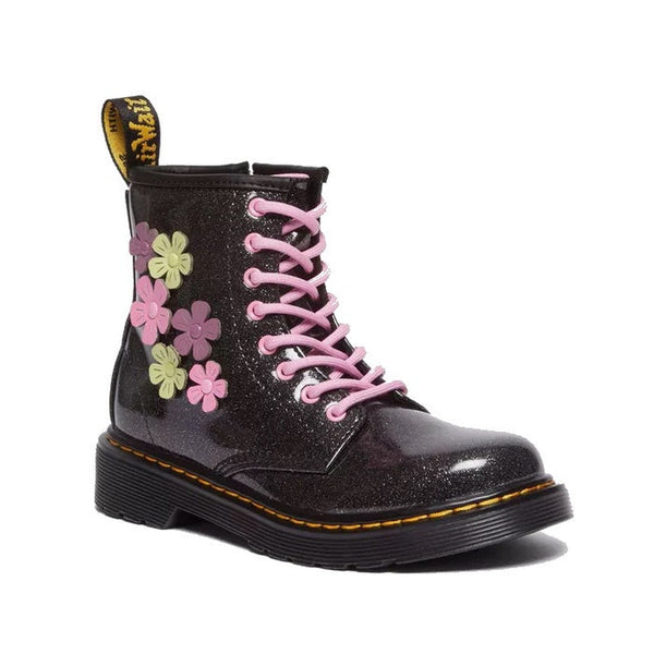 Dr Martens Kids 1460 J Coated Glitter Black Boot Pink Flowers