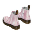 The Dr. Martens kids 1460 J Juniors Gingham Pink Lace Up Boot features white laces, side zippers, thick brown soles, and branded pull tabs on the back of each 8-eye boot., 50424, 50425, 50426, 190665779165, 190665779066, 190665779080, 190665779103