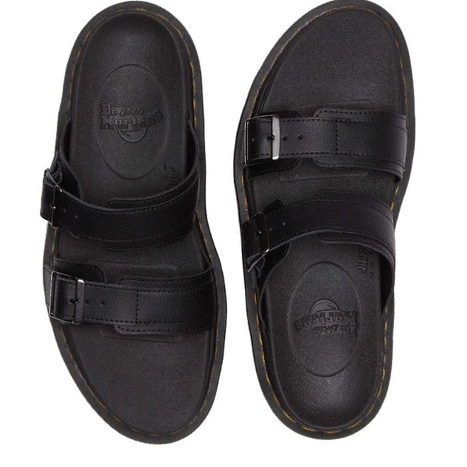 A pair of Dr Martens Myles Black slides in Athena leather top down view. Showing the back moulded sole, yellow stitching around the sole and 2 straps across the top of the foot with buckles.,
190665653779,
190665653786,
190665653793,
190665653816,
190665653823,
190665653830,