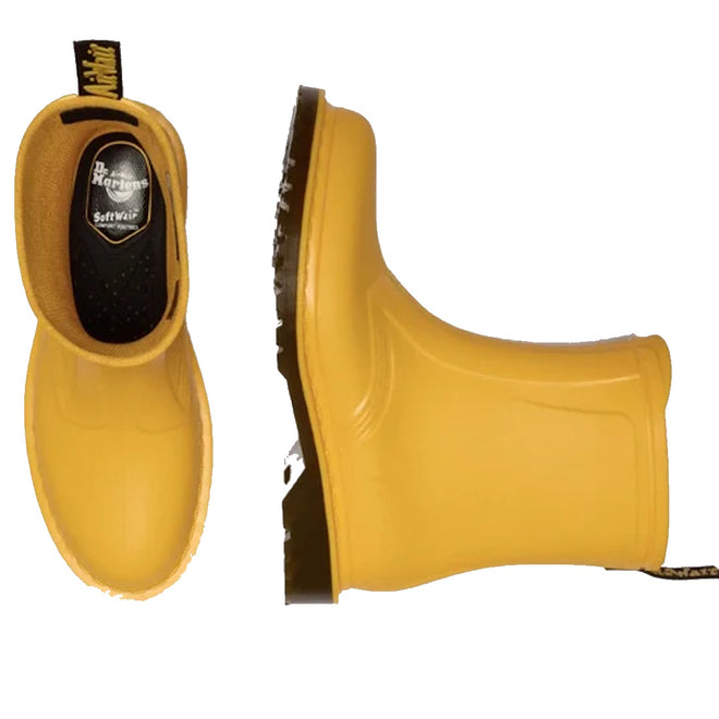 The Dr. Martens 1460 Sub Max Pull On Rain Boot in yellow PVC is shown from top and side views, with black pull tabs and rugged black soles—ideal for stylish, waterproof wear., 49435, 190665746464, 190665746471, 190665746495, 49440, 49441, 49442