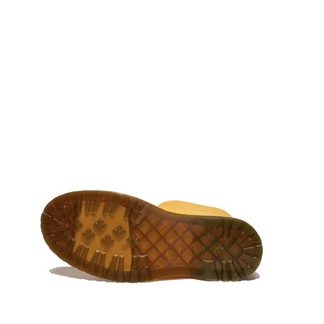 A yellow Dr Martens 1460 Sub Max Pull On Rain Boot is shown on its side, highlighting the deep-grooved rubber sole, against a plain white background., 49435, 190665746464, 190665746471, 190665746495, 49440, 49441, 49442