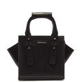 The Dr Martens Small Keiv Leather Tote Bag Black is a structured small tote crafted from black Kiev leather, featuring two top handles with decorative patent Lamper straps and a small rectangular logo patch on the front, shown against a white background.