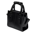 The Dr Martens Small Kiev Leather Tote Bag in Black features a glossy Kiev leather construction with short handles, patent Lamper straps and side panels, silver hardware, and a structured rectangular silhouette. Displayed against a white background, this small tote combines style and durability.
