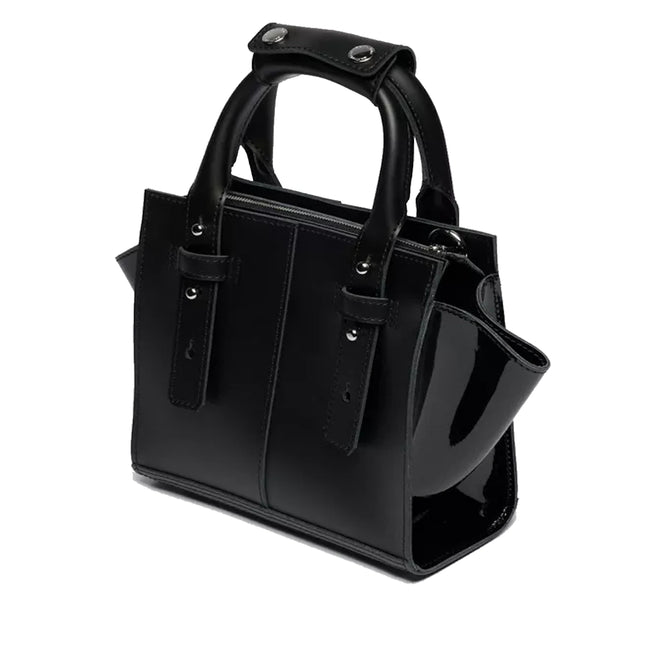 The Dr Martens Small Kiev Leather Tote Bag in Black features a glossy Kiev leather construction with short handles, patent Lamper straps and side panels, silver hardware, and a structured rectangular silhouette. Displayed against a white background, this small tote combines style and durability.