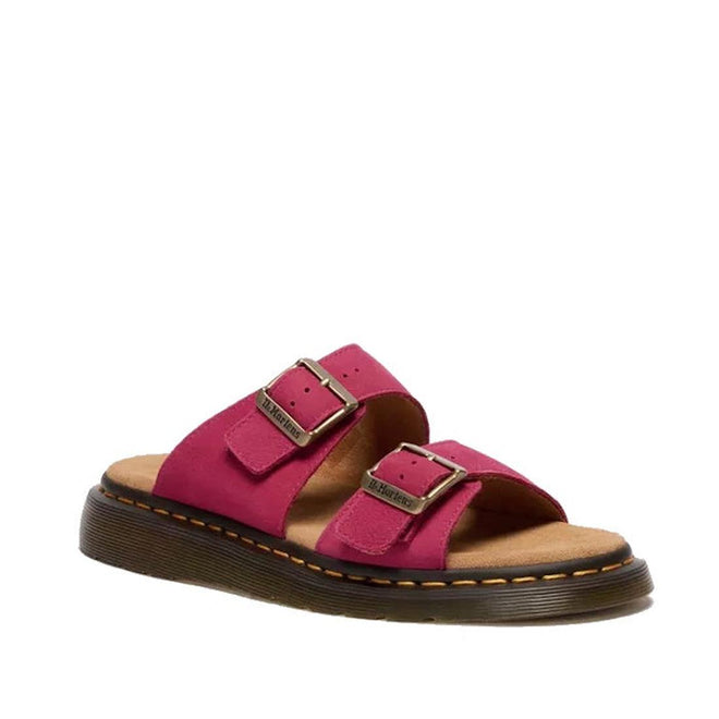 Pink sandal with brown sole on a white background, right foot front side view,