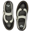 The Dr Martens Women's Mary Jane BW shoes feature black and white textured leather, buckle straps, yellow stitching on the soles, and a signature air-cushioned sole for all-day comfort., 190665785333, 190665785340, 190665785364, 50336, 50337