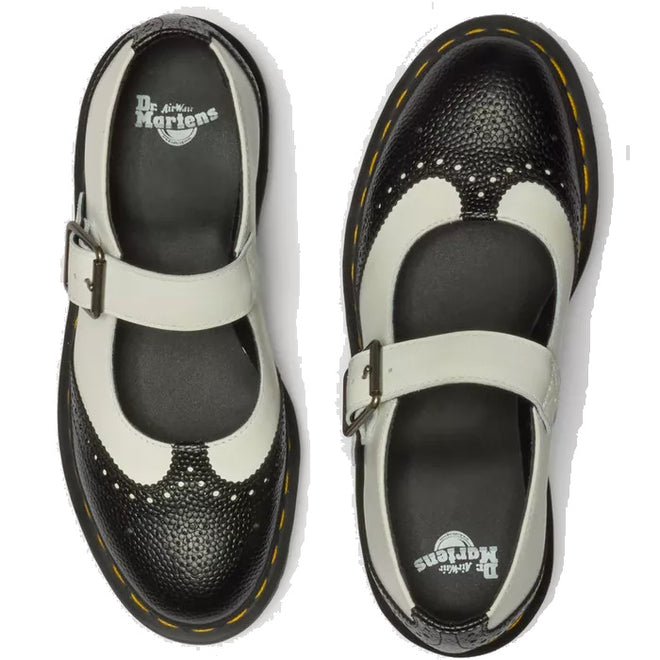 The Dr Martens Women's Mary Jane BW shoes feature black and white textured leather, buckle straps, yellow stitching on the soles, and a signature air-cushioned sole for all-day comfort., 190665785333, 190665785340, 190665785364, 50336, 50337