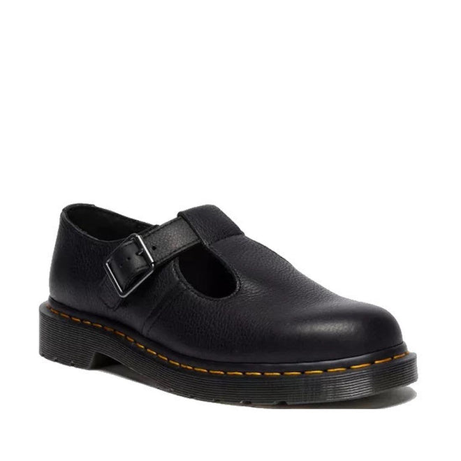 Right foot side and front view of a women's Dr Marten Polley T Bar in softer Ambassador Black  pebbled textured leather shoe with a buckle on a white background.,