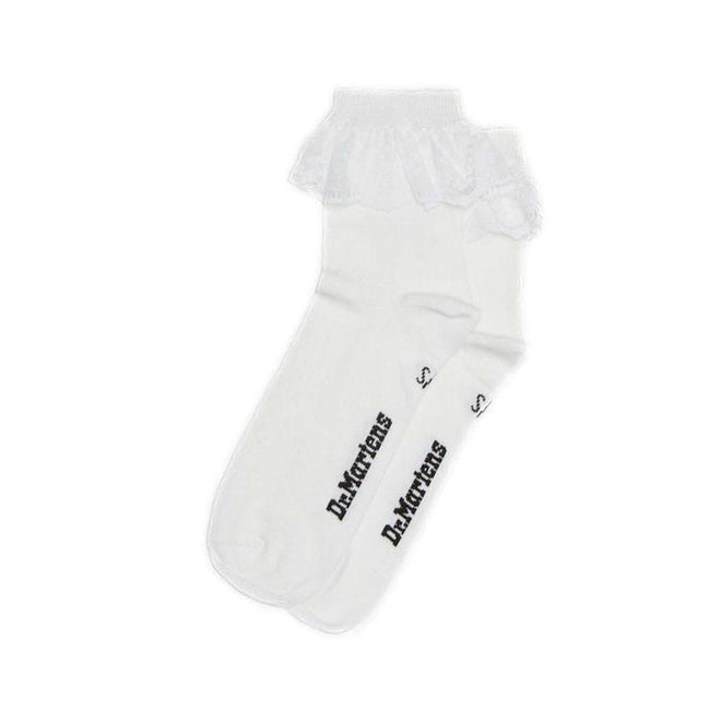 A pair of Dr Martens Ankle Frill Cotton Blend Socks in white, made from a cotton blend with a frilled lace trim at the top and Dr. Martens branding on the sides, laid flat on a white background.