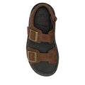 The Dr Martens Zebzag Sepia Brown Nubuck 2 Strap Sandal features milled nubuck leather, two large brass buckles, visible yellow stitching around a black sole, and a water-resistant design. Shown from a top-down view., 190665790603, 190665790610, 190665790627, 190665790641, 190665790658, 190665790665