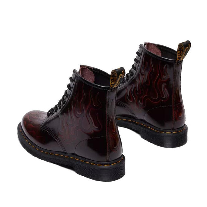 Pair of Dr Martens Embossed Flame 1460 shiny boots shot from the heels looking forward, leather boots with flame pattern on a white background,
190665743081,
190665743098,
190665743104,
190665743128,
190665743135,
190665743142,
190665743166,
