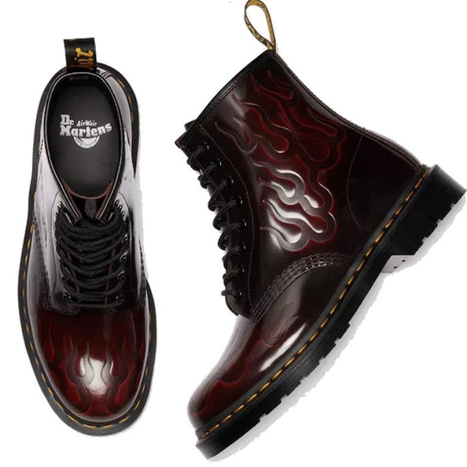 Dr. Martens inferno 1460 boots in shiny red  with embossed flame pattern. Right foot top down and left foot side view showing pull tab on geel and yellew stitching around the sole on a white background.,
190665743081,
190665743098,
190665743104,
190665743128,
190665743135,
190665743142,
190665743166,