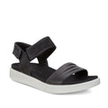 The Ecco Flowt Black Womens Active Sandal is a sleek, minimalist sandal with a thick white sole, wide toe strap, and adjustable ankle strap with velcro—perfect for everyday wear.
