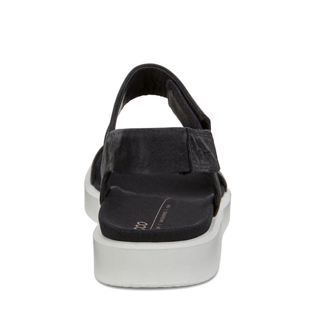 The Ecco Flowt Black Womens Active Sandal features a black minimalist design with a thick white sole, closed heel strap, open toe, visible stitching, and cushioned footbed for versatile comfort—shown from the back., 48662, 809704992501, 809704992518, 809704992525, 48666