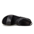 Top view of the Ecco Flowt Black Womens Active Sandal, featuring wide black leather toe straps, an open heel with slingback, and a contrasting white sole for a modern, versatile style., 48662, 809704992501, 809704992518, 809704992525, 48666