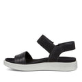The Ecco Flowt Black Womens Active Sandal is a black minimalist design with a thick white sole, wide toe strap, and adjustable ankle strap, displayed in side profile on a plain white background., 48662, 809704992501, 809704992518, 809704992525, 48666