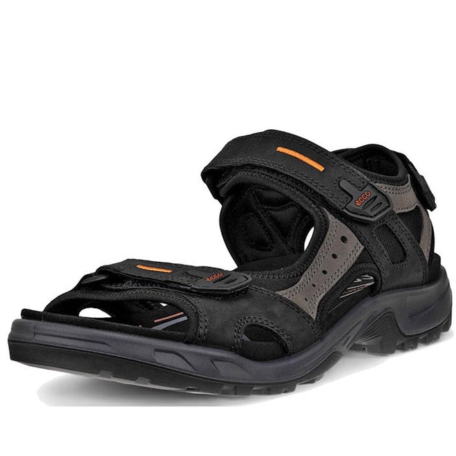 The Ecco Offroad Black/Mole Men’s Active Sandal features thick adjustable straps, orange accents, and a rugged sole for durable grip. Shown angled on a white background.