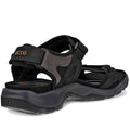 The Ecco Offroad Black/Mole Men's Active Sandal features adjustable straps and a durable, rugged sole for grip. Shown from the back and side on a white background., 48648, 48649, 48650, 48651, 48652, 48653, 737425894258, 737425894265, 737425894289