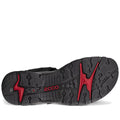 The image shows the black rubber outsole of the Ecco Offroad Black/Mole Men's Active Sandal, featuring red ECCO branding and textured circular and wavy treads for durable grip and traction., 48648, 48649, 48650, 48651, 48652, 48653, 737425894258, 737425894265, 737425894289