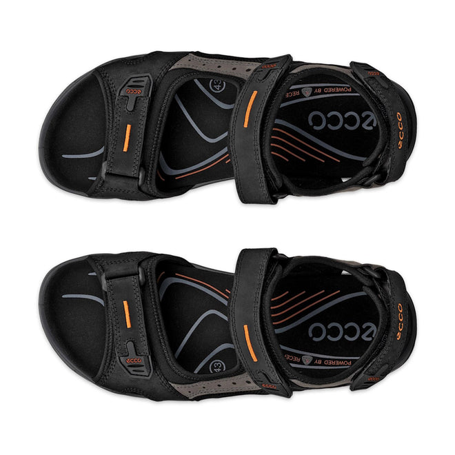 Top view of the Ecco Offroad Black/Mole Men's Active Sandal with orange accents and adjustable straps, side by side. Shows insoles and tread for durable grip—perfect outdoor sandals., 48648, 48649, 48650, 48651, 48652, 48653, 737425894258, 737425894265, 737425894289