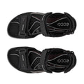 The Ecco Offroad Full Black Women's Active Sandal Back Strap features adjustable straps and cushioned insoles with red and white accents plus ECCO branding, shown from above on a white background. Designed for walking comfort., 737426010756, 737426010763, 737426010770, 737426010787, 737426010794, 737426010800, 737426010817, 737429104469