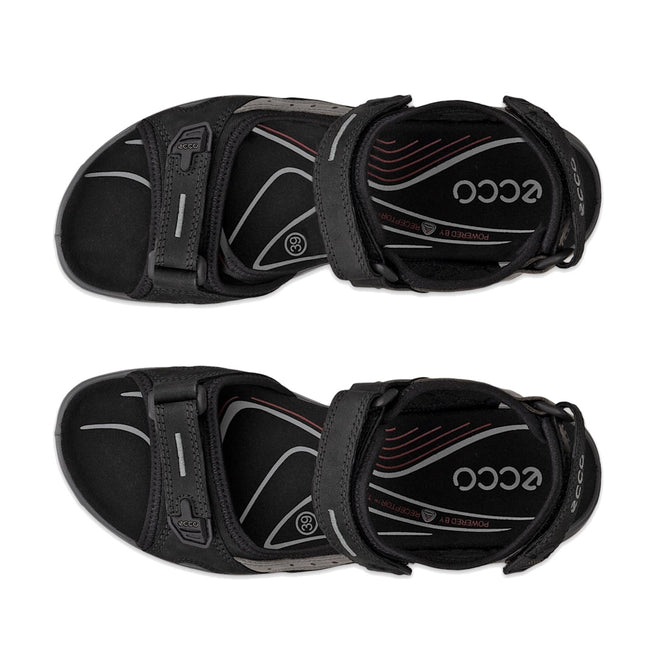 The Ecco Offroad Full Black Women's Active Sandal Back Strap features adjustable straps and cushioned insoles with red and white accents plus ECCO branding, shown from above on a white background. Designed for walking comfort., 737426010756, 737426010763, 737426010770, 737426010787, 737426010794, 737426010800, 737426010817, 737429104469