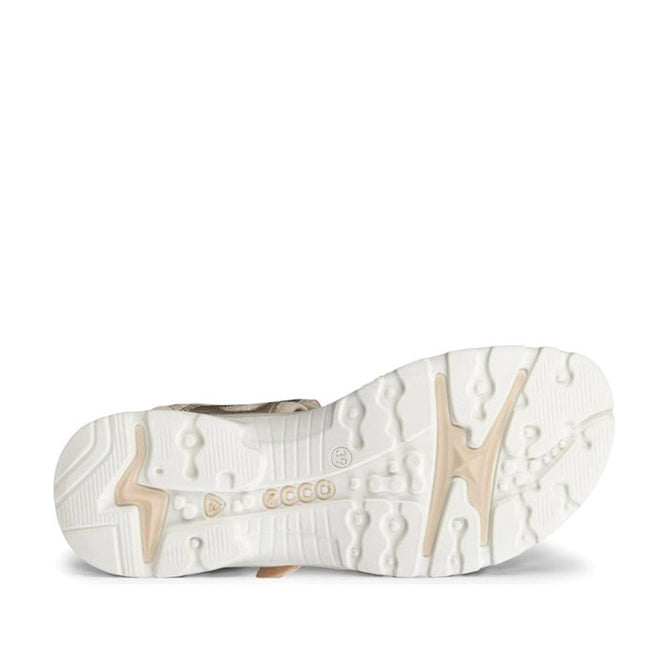 The image shows the sole of the Ecco Offroad Limestone Womens Active Sandal Light Pink, featuring a white rubber outsole with beige accents, a textured pattern for grip, and the ECCO logo in the center, reflecting quality craftsmanship., 194891407199, 194891407205, 194891407212, 194891407229, 48671