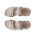 The Ecco Offroad Limestone Women's Active Sandal in light pink, crafted from soft nubuck leather with adjustable straps and silver glitter accents, is shown from above on a white background., 194891407199, 194891407205, 194891407212, 194891407229, 48671