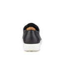 The Ecco Soft 7 Sneakers Black Womens Leather shoe is shown from the back, with a white sole and a small tan heel accent, set against a plain white background., 41661, 737431676282, 737431676299, 737431676305, 41665